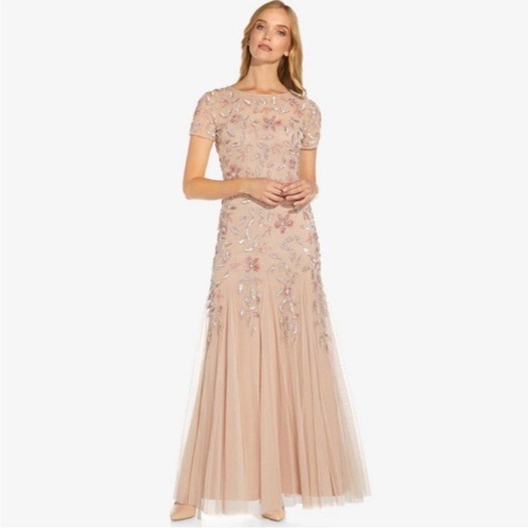 Adrianna Papell HAND BEADED SHORT SLEEVE FLORAL GODET GOWN IN BLUSH Size 18W - Picture 4 of 16